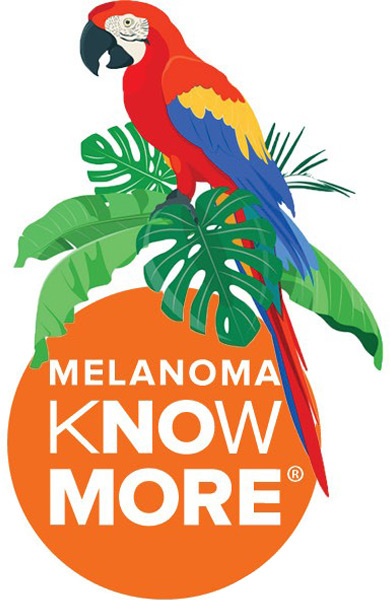 A colorful illustration of a parrot perched on the Melanoma Know More logo.