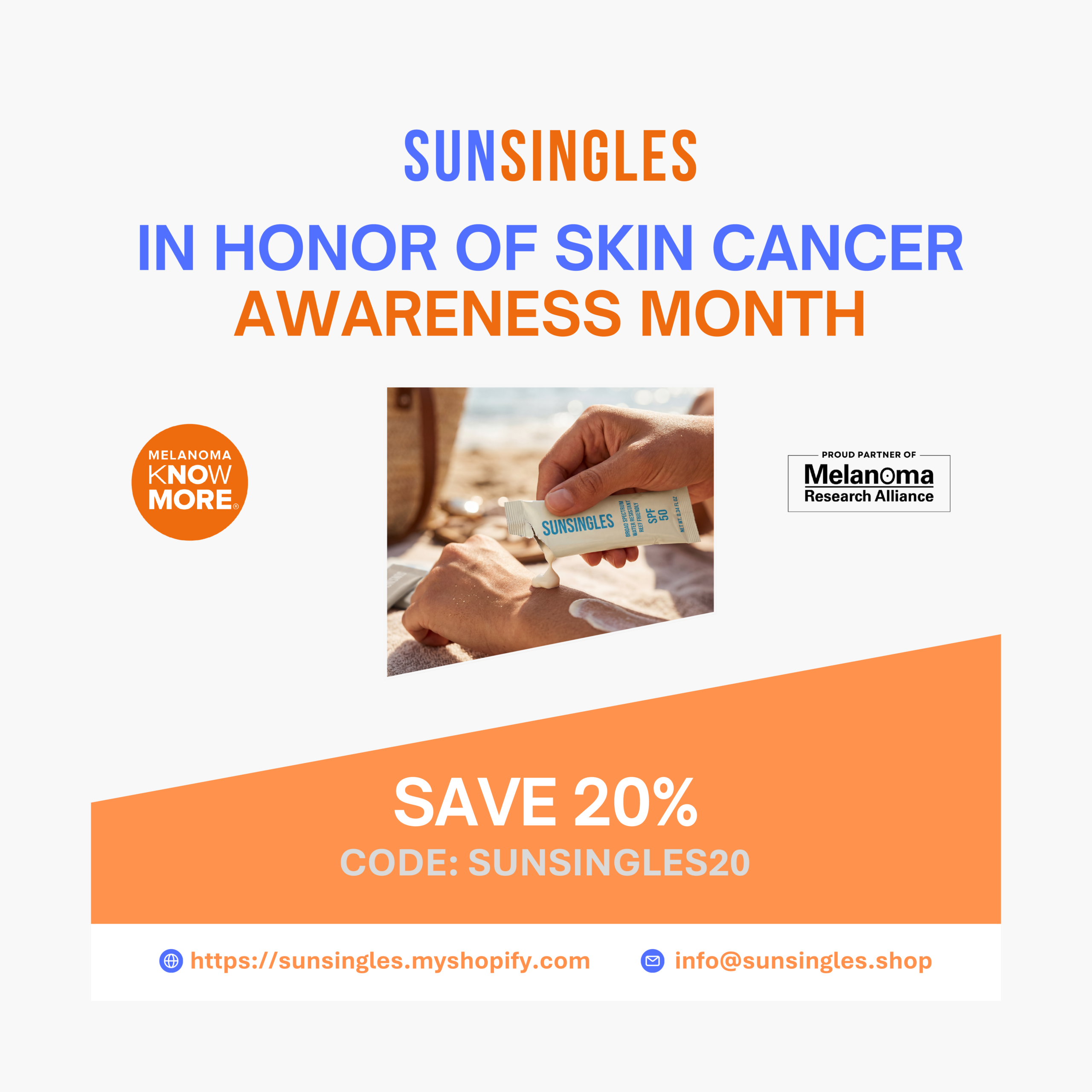 Save 20% at SunSingles with code SUNSINGLES20 in honor of Skin Cancer Awareness Month
