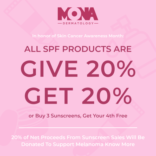 In honor of Skin Cancer Awareness Month, all SPF products are Give 20% Get 20%, or Buy 3 Sunscreens, Get Your 4th Free. 20% of Net Proceeds from sunscreen sales will be donated to support Melanoma Know More.